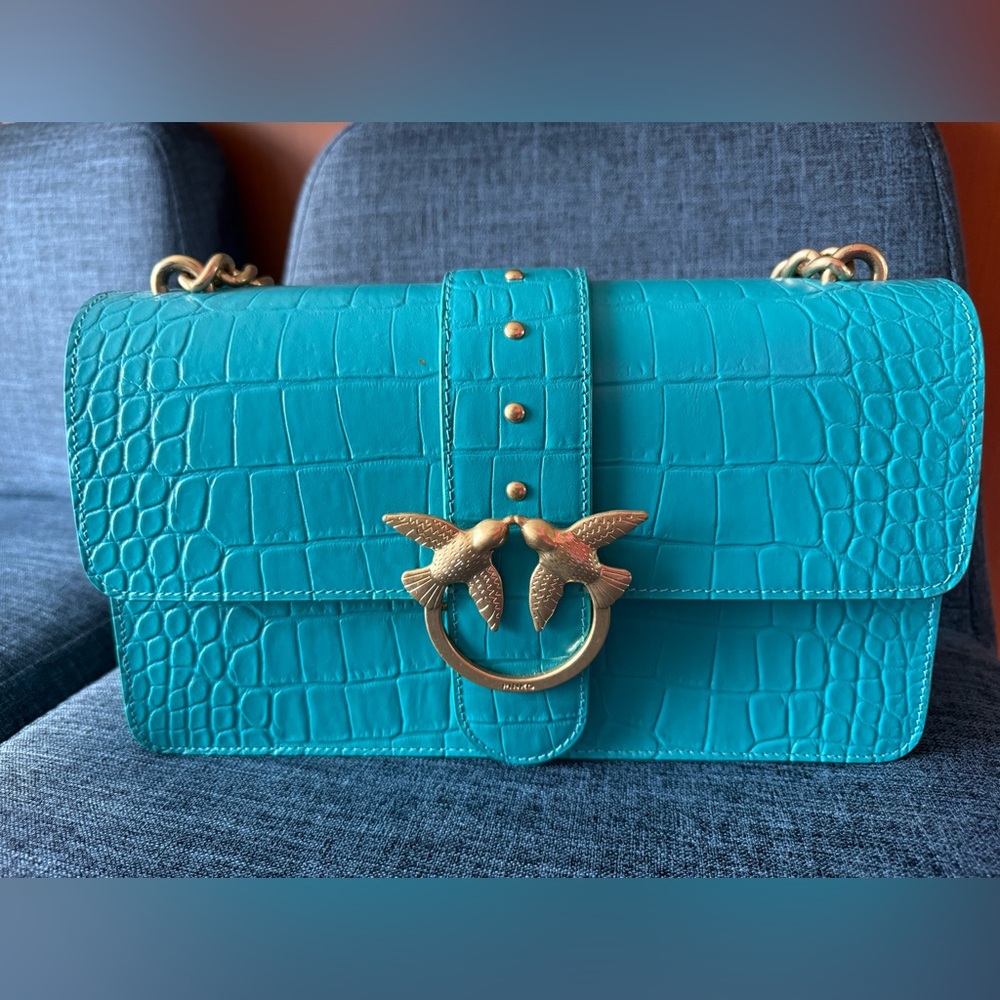 💙💚Pinko Blue and Gold Shoulder Bag with Croc Embossed Texture 💙💚